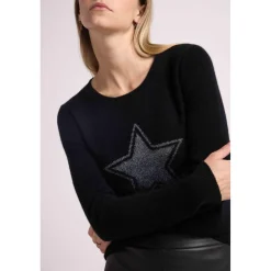 Pull col rond etoile lurex argente REBECCA V2 en cachemire noir et lurex gris