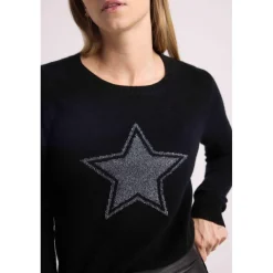 Pull col rond etoile lurex argente REBECCA V2 en cachemire noir et lurex gris