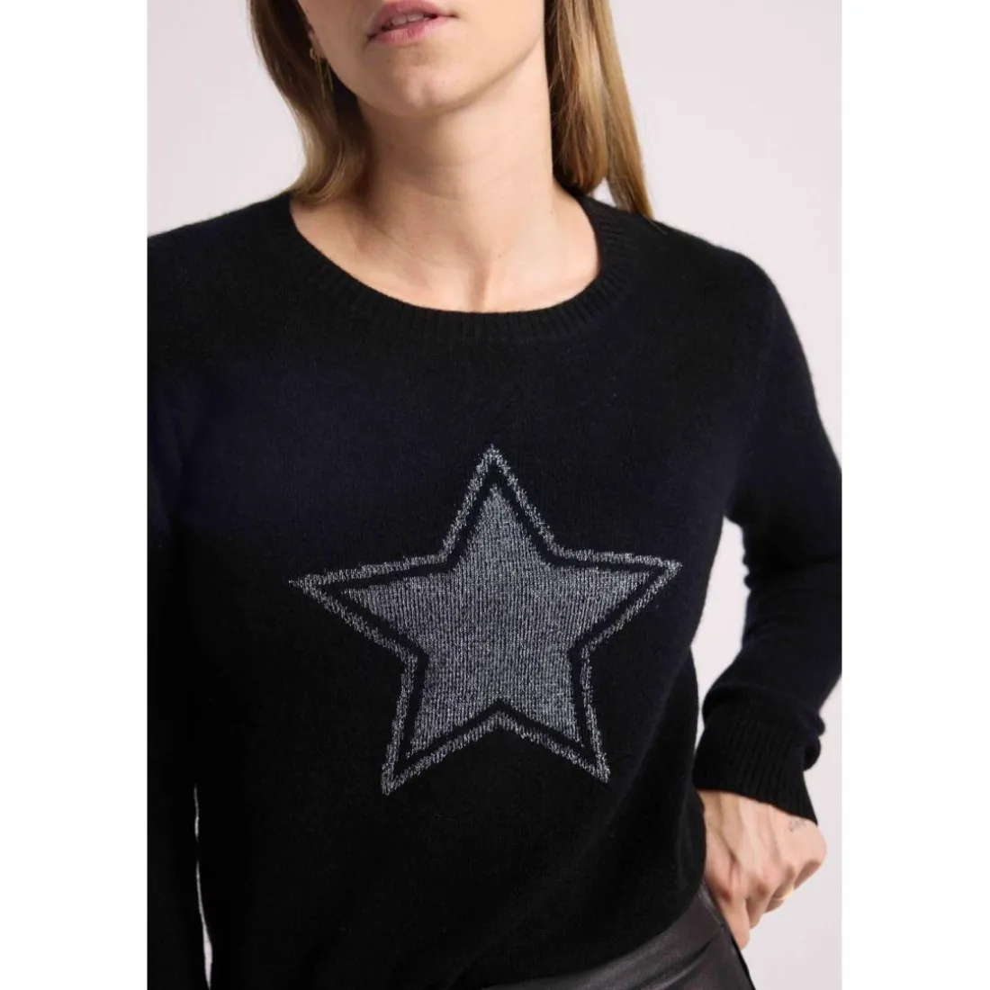 Pull col rond etoile lurex argente REBECCA V2 en cachemire noir et lurex gris