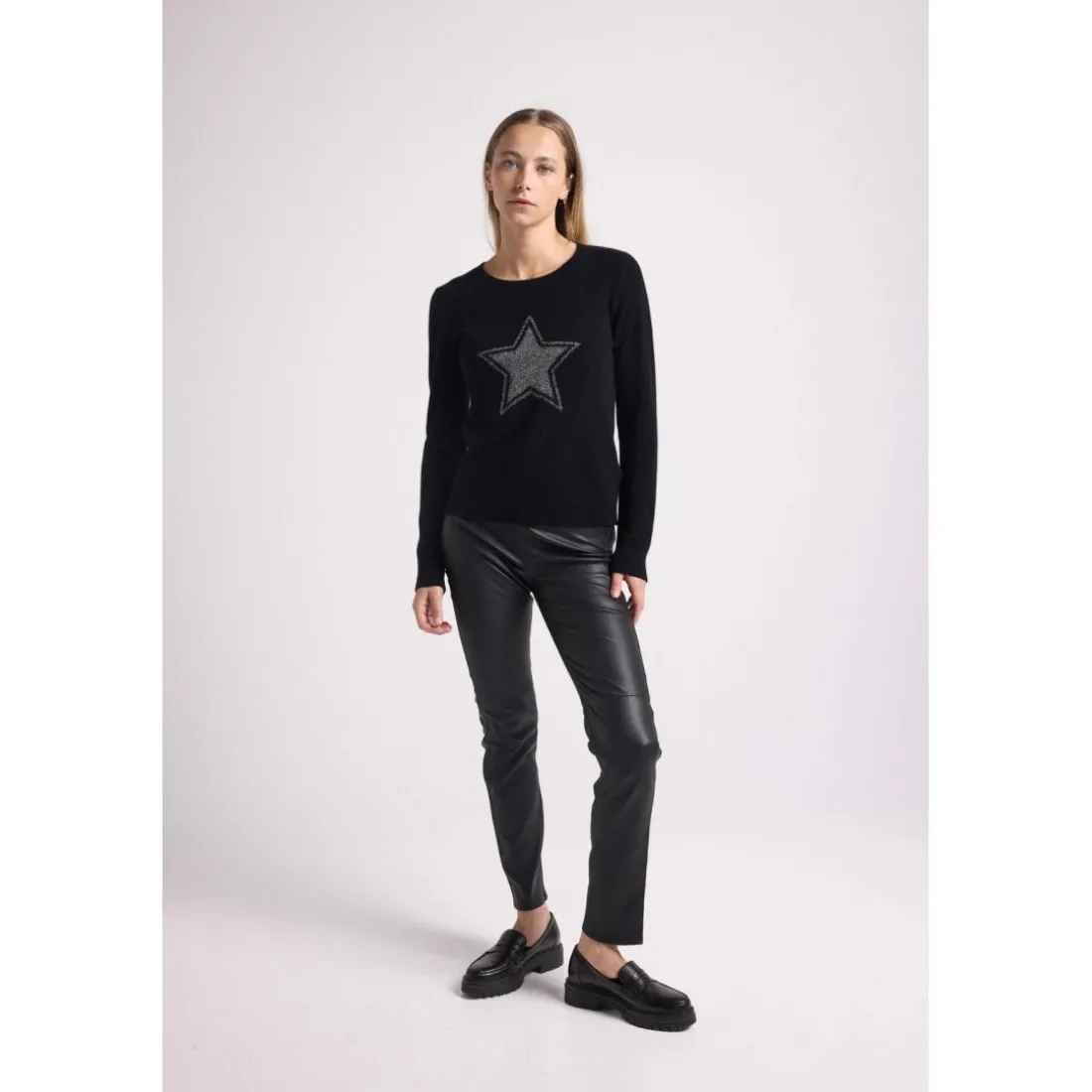 Pull col rond etoile lurex argente REBECCA V2 en cachemire noir et lurex gris