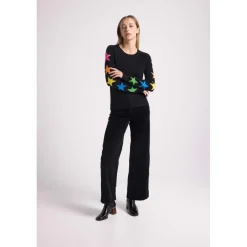 Pull col rond etoiles multicolores STELLA en cachemire noir