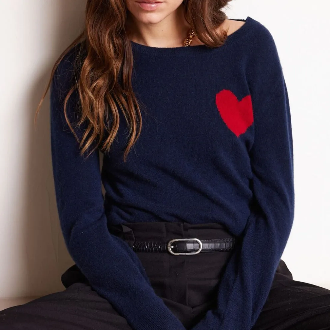Pull col rond love heritage femme ZAPHIRA en cachemire bleu marine