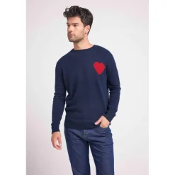 Pull col rond love heritage homme ZEMIR en cachemire bleu marine cœur rouge