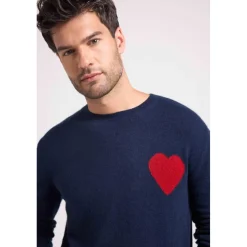 Pull col rond love heritage homme ZEMIR en cachemire bleu marine cœur rouge