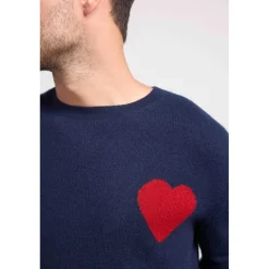 Pull col rond love heritage homme ZEMIR en cachemire bleu marine cœur rouge