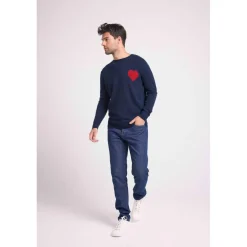 Pull col rond love heritage homme ZEMIR en cachemire bleu marine cœur rouge