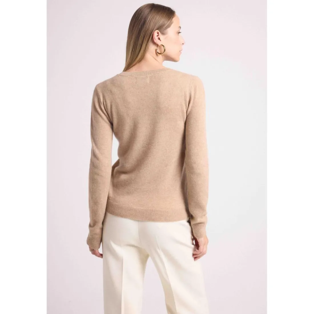 Pull col rond love heritage ZAPHIRA en cachemire new beige creme et cœur blanc