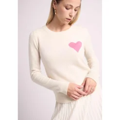 Pull col rond love heritage ZAPHIRA en cachemire blanc et cœur rose
