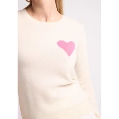 Pull col rond love heritage ZAPHIRA en cachemire blanc et cœur rose