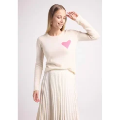 Pull col rond love heritage ZAPHIRA en cachemire blanc et cœur rose