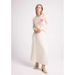 Pull col rond love heritage ZAPHIRA en cachemire blanc et cœur rose