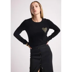 Pull col rond love heritage ZAPHIRA en cachemire noir et cœur dore