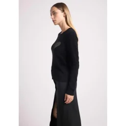Pull col rond love heritage ZAPHIRA en cachemire noir et cœur dore