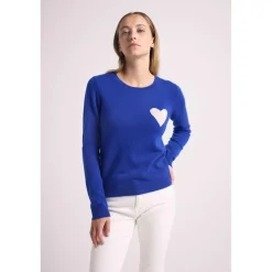 Pull col rond love heritage femme ZAPHIRA en cachemire bleu roi et cœur blanc