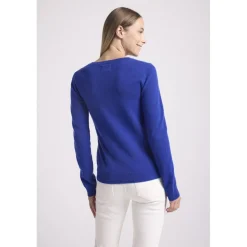 Pull col rond love heritage femme ZAPHIRA en cachemire bleu roi et cœur blanc