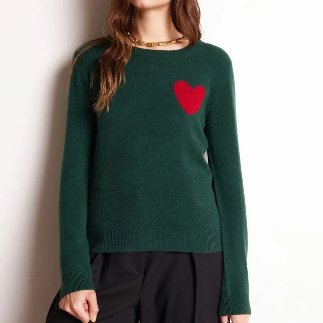 Pull col rond love heritage femme ZAPHIRA en cachemire vert sapin
