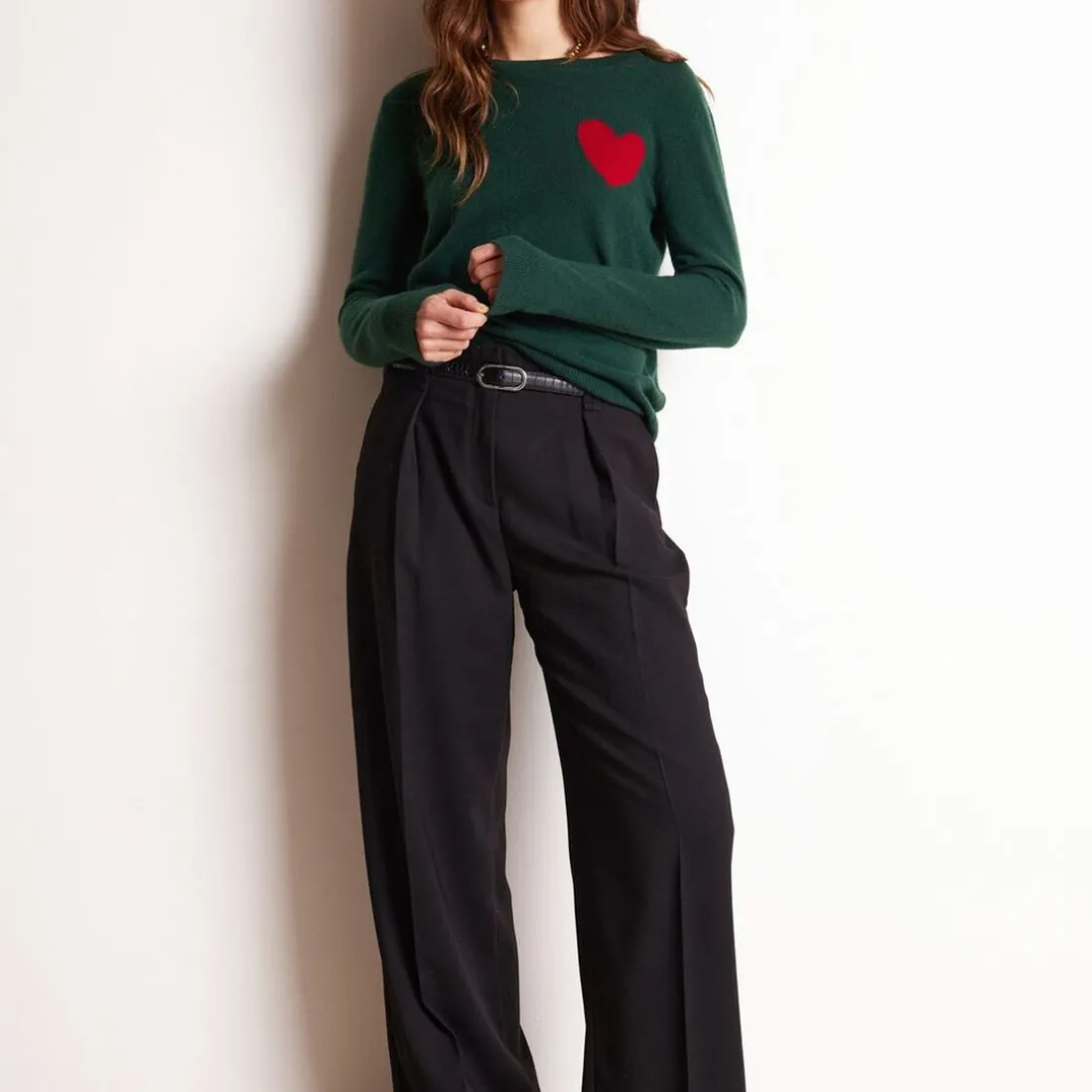 Pull col rond love heritage femme ZAPHIRA en cachemire vert sapin