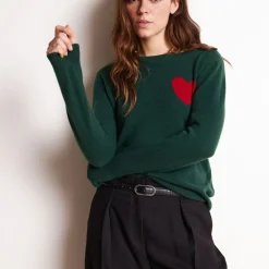 Pull col rond love heritage femme ZAPHIRA en cachemire vert sapin