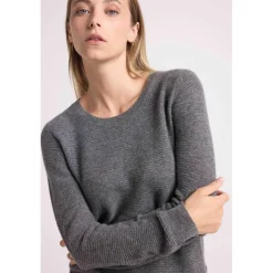 Pull col rond mailles plates JULIETTE en cachemire gris