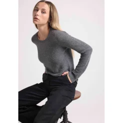 Pull col rond mailles plates JULIETTE en cachemire gris