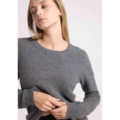 Pull col rond mailles plates JULIETTE en cachemire gris