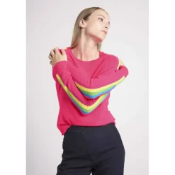 Pull col rond manches bandes arc en ciel SALSA en cachemire rose fluo