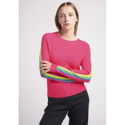 Pull col rond manches bandes arc en ciel SALSA en cachemire rose fluo