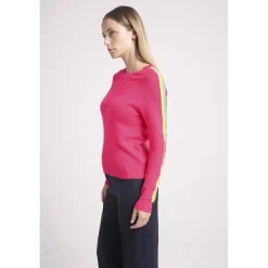Pull col rond manches bandes arc en ciel SALSA en cachemire rose fluo