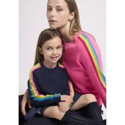 Pull col rond manches bandes arc en ciel SALSA en cachemire rose fluo