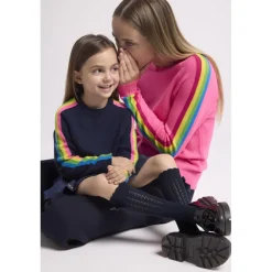 Pull col rond manches bandes arc en ciel SALSA en cachemire rose fluo