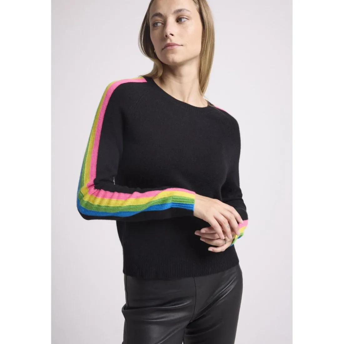 Pull col rond manches bandes arc en ciel SALSA en cachemire noir
