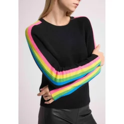 Pull col rond manches bandes arc en ciel SALSA en cachemire noir