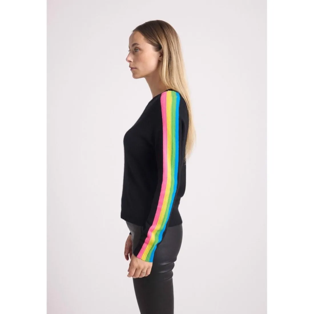 Pull col rond manches bandes arc en ciel SALSA en cachemire noir