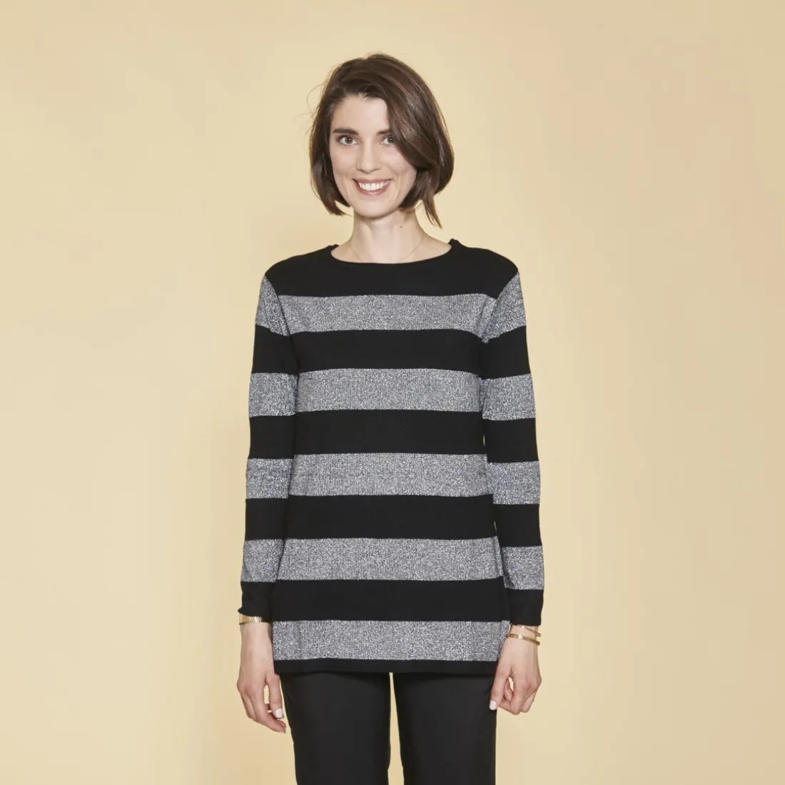 Pull col rond manches longues rayures avec lurex femme - rayé noir en viscose