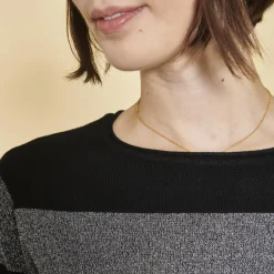 Pull col rond manches longues rayures avec lurex femme - rayé noir en viscose