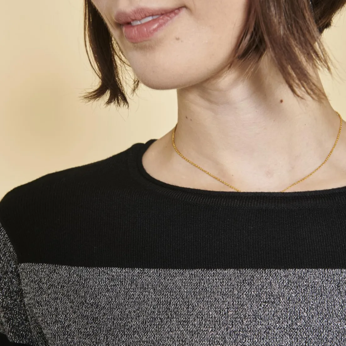 Pull col rond manches longues rayures avec lurex femme - rayé noir en viscose