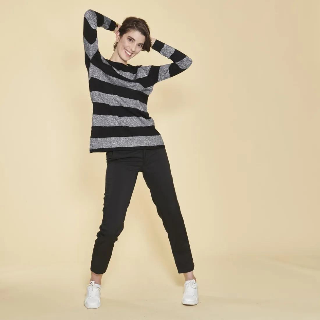 Pull col rond manches longues rayures avec lurex femme - rayé noir en viscose