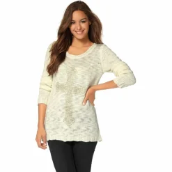 Pull col rond manches longues croix en strass maille flammée femme AJC - Blanc