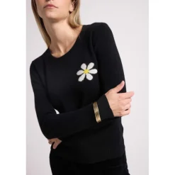 Pull col rond marguerite ROSE en cachemire noir
