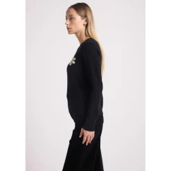 Pull col rond marguerite ROSE en cachemire noir