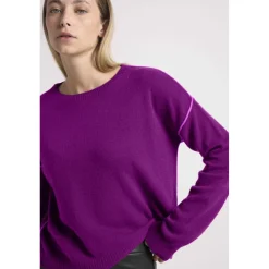 Pull col rond oversize couture contrastees GIORGIA en cachemire plum et liseret violet