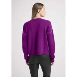 Pull col rond oversize couture contrastees GIORGIA en cachemire plum et liseret violet