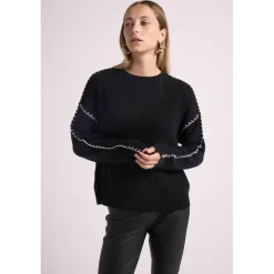 Pull col rond oversize surpiqures CLARISSE en cachemire noir et coutures blanches