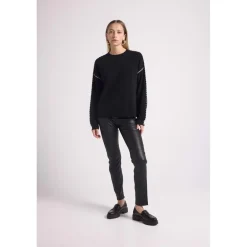 Pull col rond oversize surpiqures CLARISSE en cachemire noir et coutures blanches