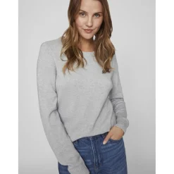 Pull col rond poignets côtelés gris en viscose