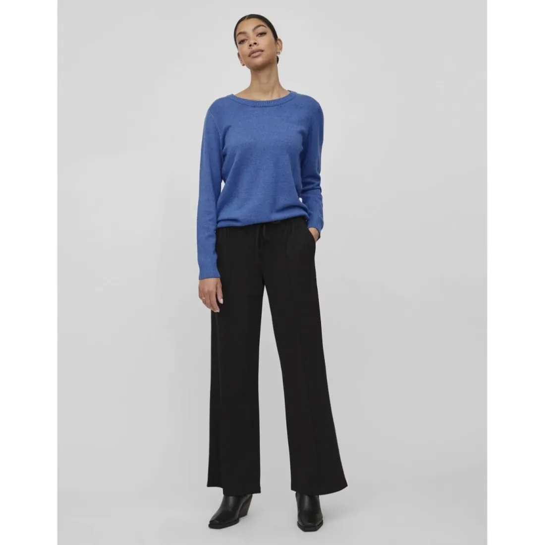 Pull col rond poignets côtelés bleu en viscose Eva