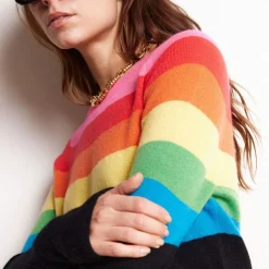 Pull col rond semi arc en ciel ZAIR en cachemire noir