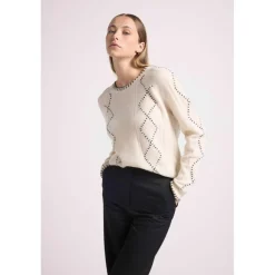 Pull col rond torsades et surpiqures BARBARA en cachemire blanc et coutures noires
