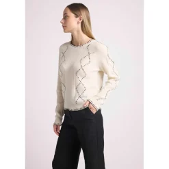 Pull col rond torsades et surpiqures BARBARA en cachemire blanc et coutures noires