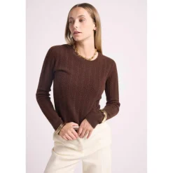 Pull col rond torsades MILENA en cachemire chocolat